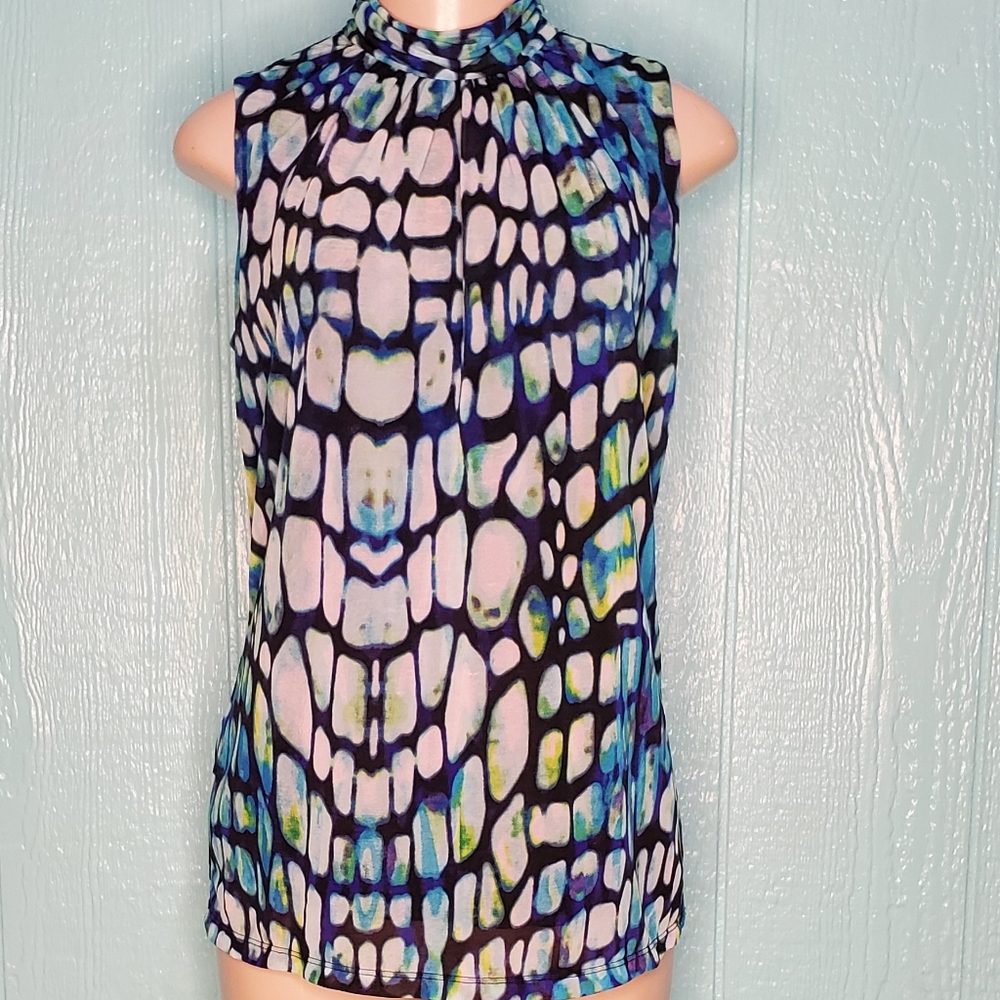 ♥️ WORTHINGTON top sleeveless turtleneck back bottoms blue white green Size L